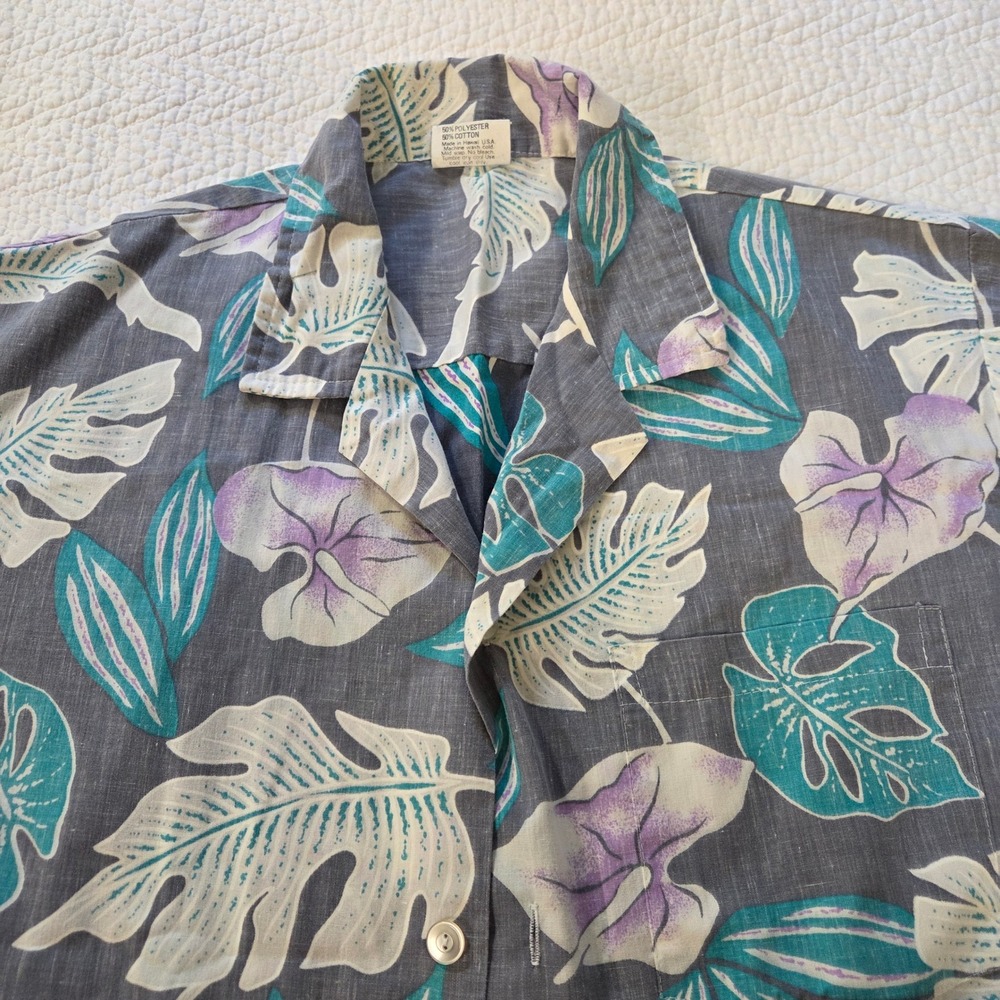 New Horizon Mens Medium Hawaiian Shirt Gray Teal Floral Monstera Made in Hawaii - Picture 2 of 6